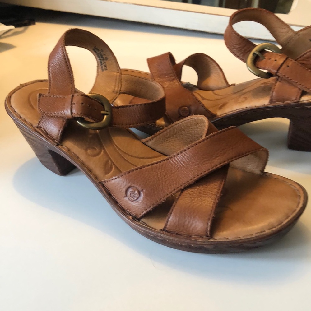 Born leather and wood stacked heel sandals